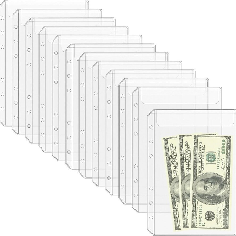 12PCS A5 Binder Pockets No Zipper 6-Hole Budget Cash Envelopes for Small Refilla